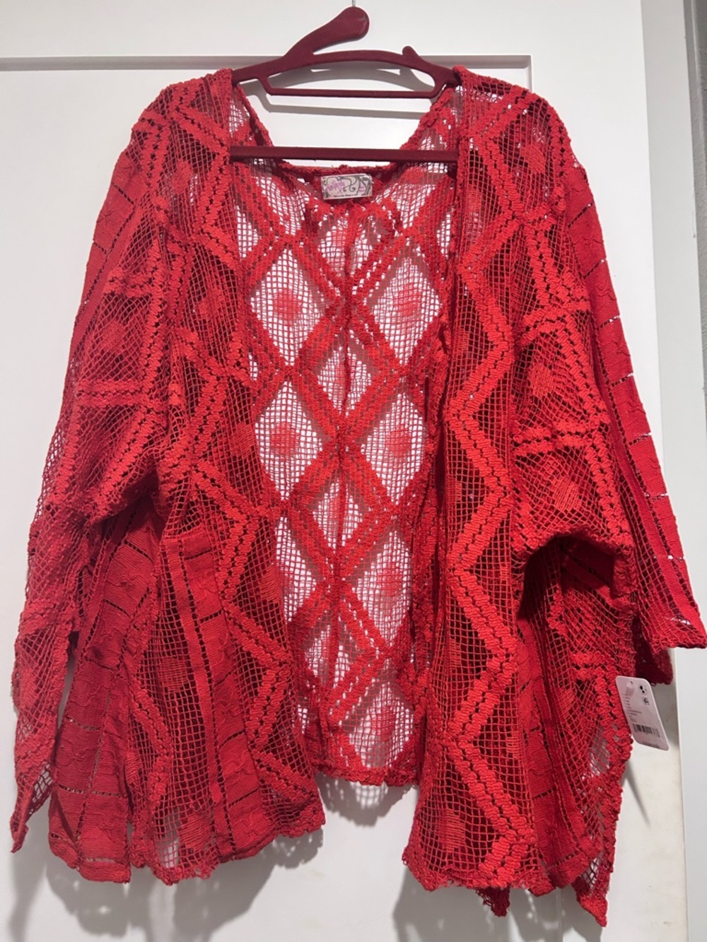 Free People Red Open-Knit Crochet Kimono